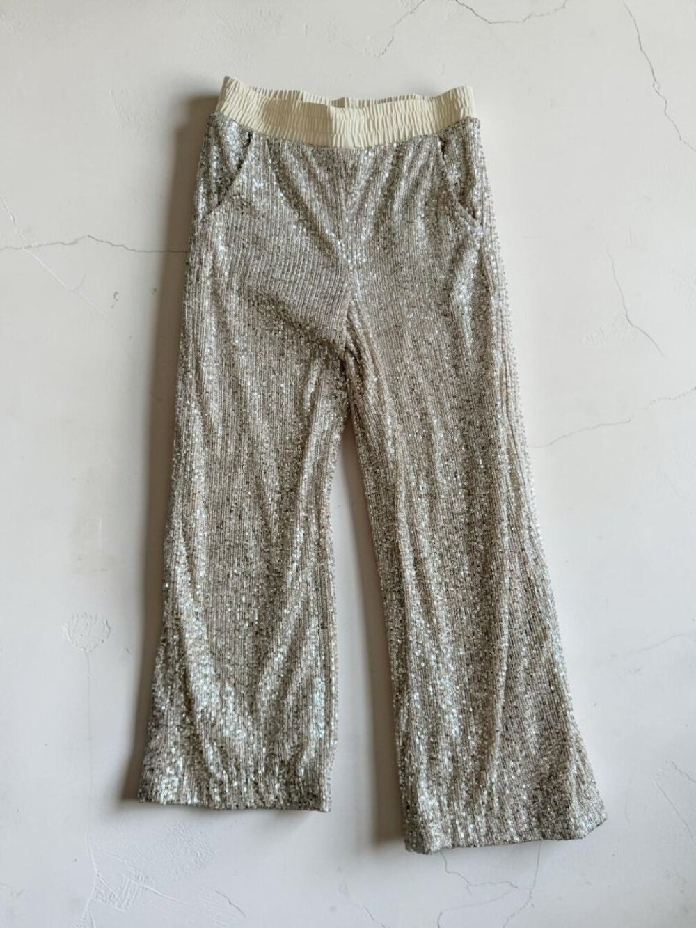 BOSTON PROPER Gold Sequin Full Length Wide Leg Pants Size XS